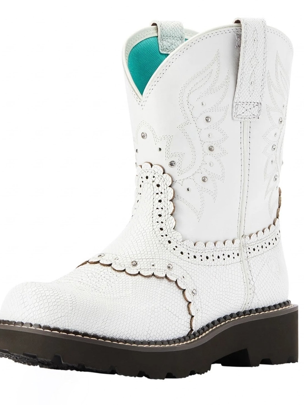 Ariat White Embossed Western Heeled Boot with Teal Lining